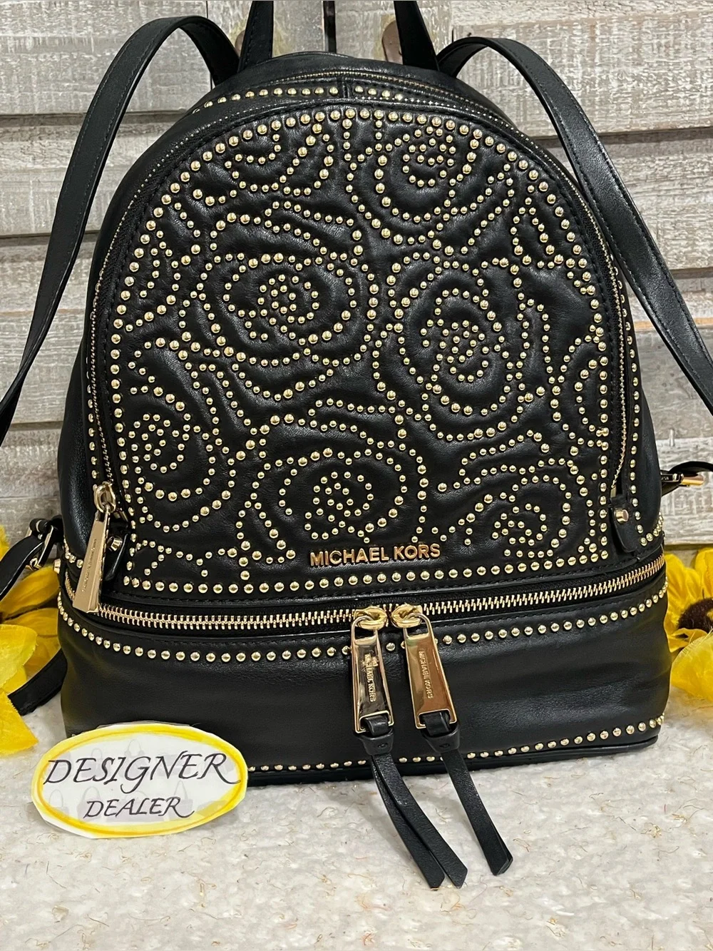 Michael Kors Rhea Rose Studded Black Leather Backpack VGC!